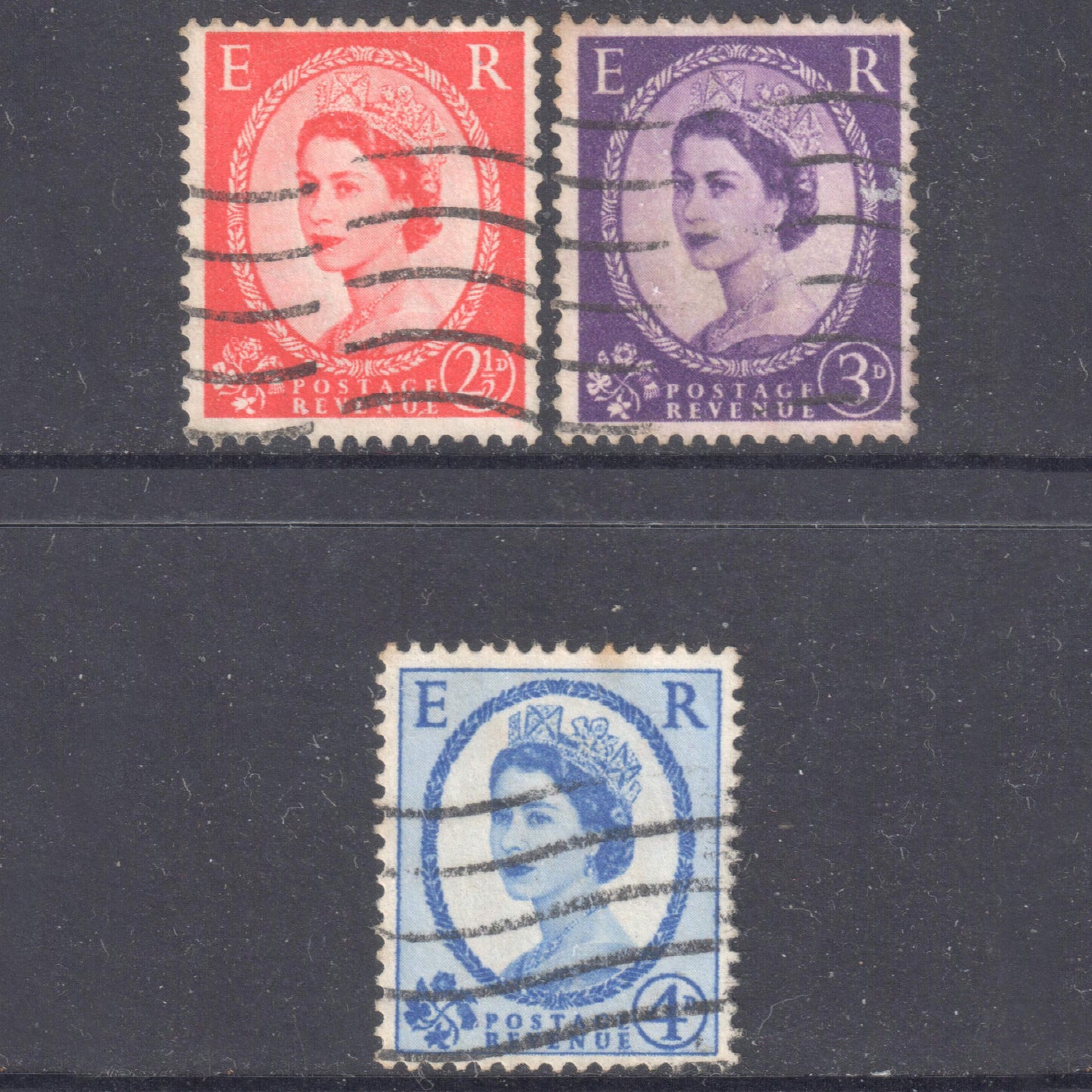 GB UK Great Britain England 1952 - 1954 Queen Elizabeth II Stamp Group of 3 - Perfin:14.75x14.25