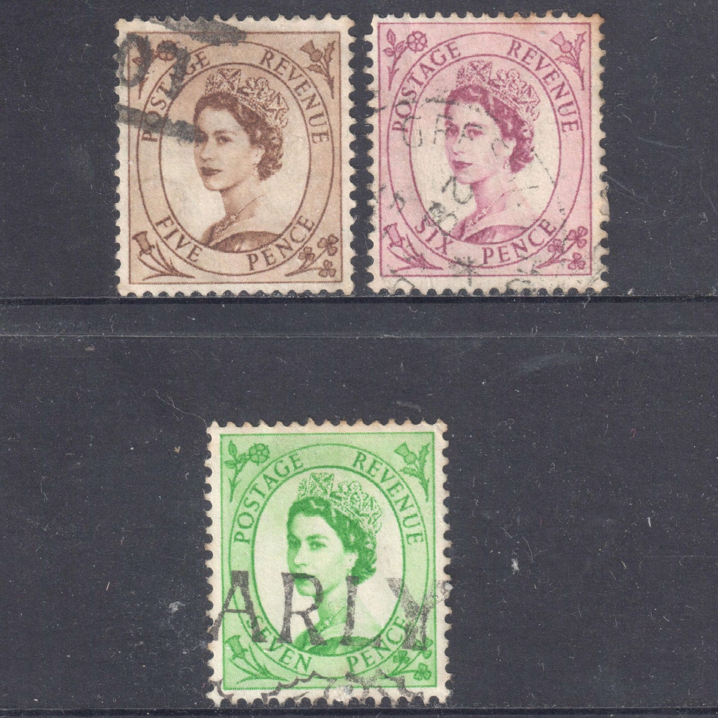 GB UK Great Britain England 1952 - 1954 Queen Elizabeth II Stamp Group of 3 - Perfin:14.75x14.25