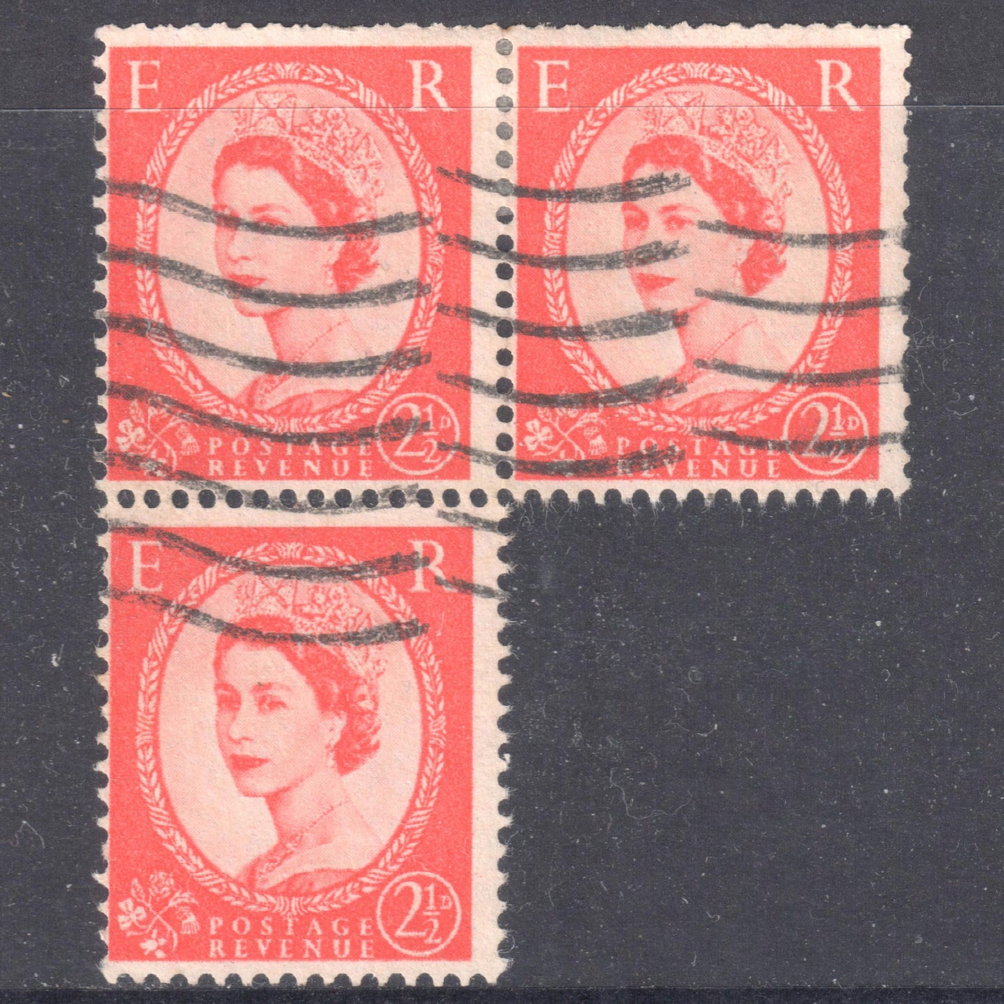 GB UK Great Britain England 1952 - 1954 2 1/2 Pence Carmine Red Queen Elizabeth II Stamp Trio - Perfin:14.75x14.25