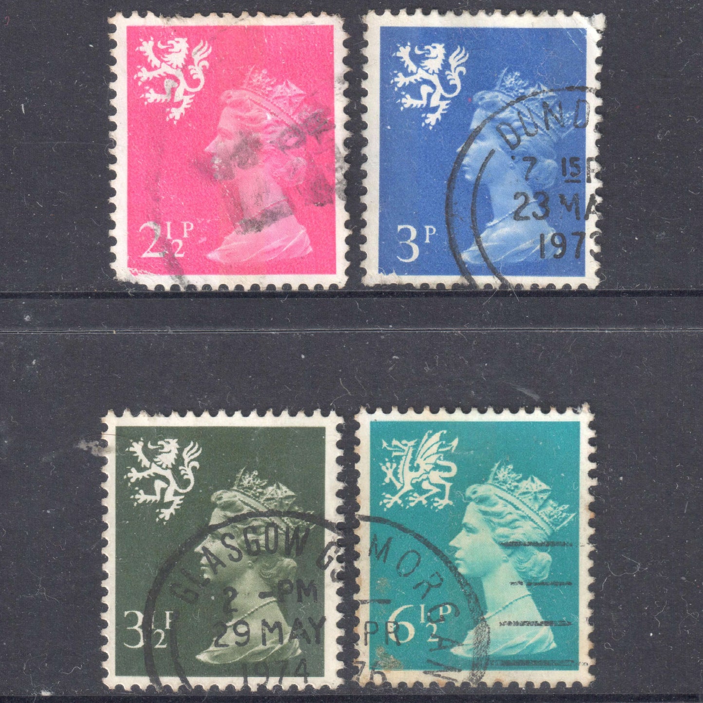 GB - Wales 1971 - 1976 Queen Elizabeth II Stamp Group of 4 - Perfin:14.75x14.25