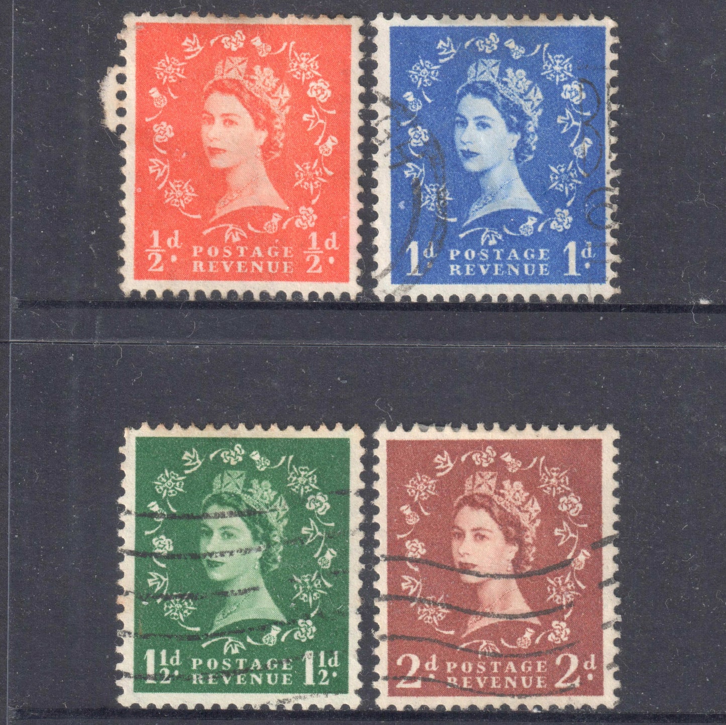 GB UK Great Britain England 1952 - 1954 Queen Elizabeth II Stamp Group of 4 - Perfin:14.75x14.25