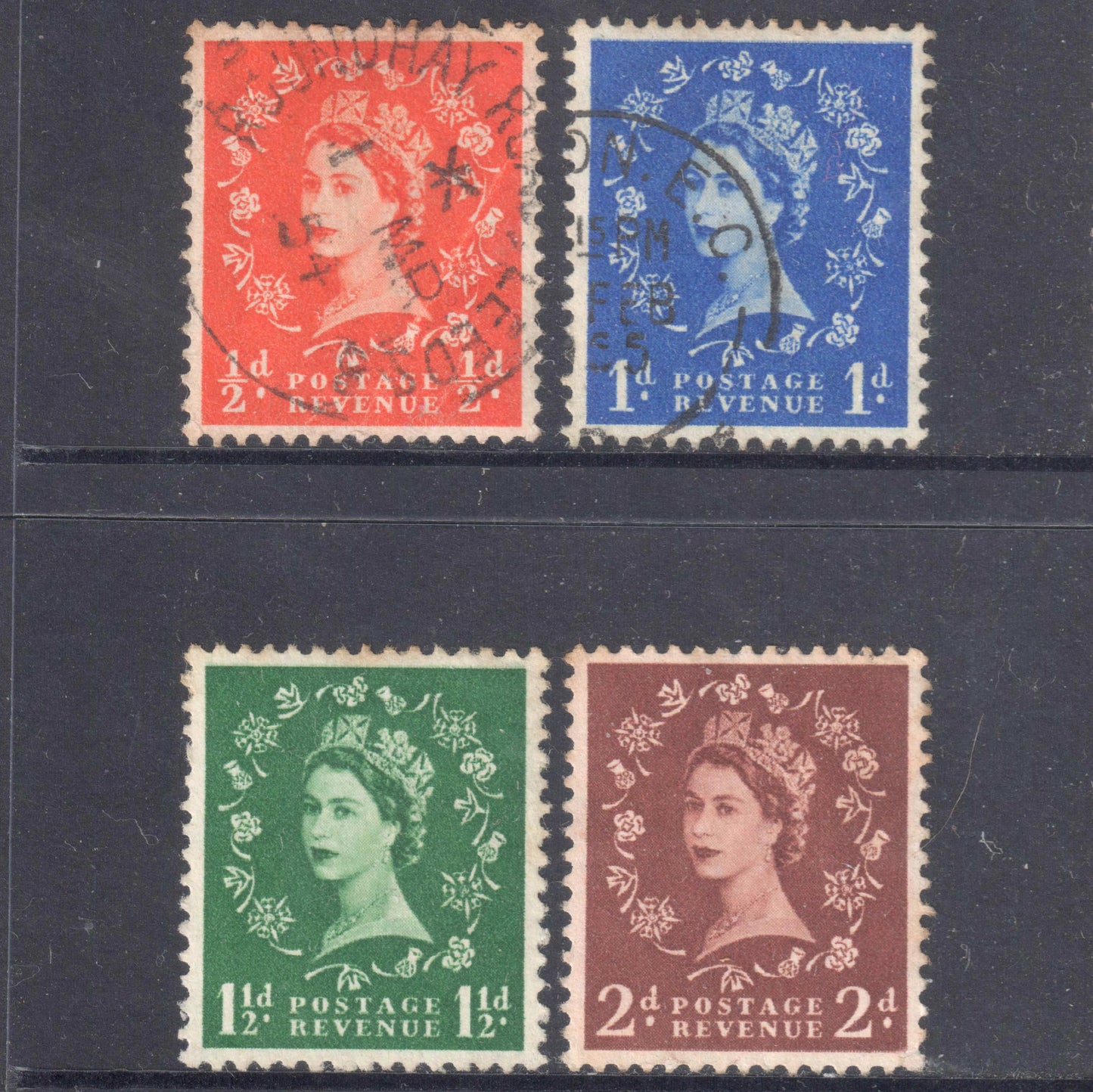 GB UK Great Britain England 1952 - 1954 Queen Elizabeth II Stamp Group of 4 - Perfin:14.75x14.25