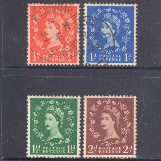 GB UK Great Britain England 1952 - 1954 Queen Elizabeth II Stamp Group of 4 - Perfin:14.75x14.25