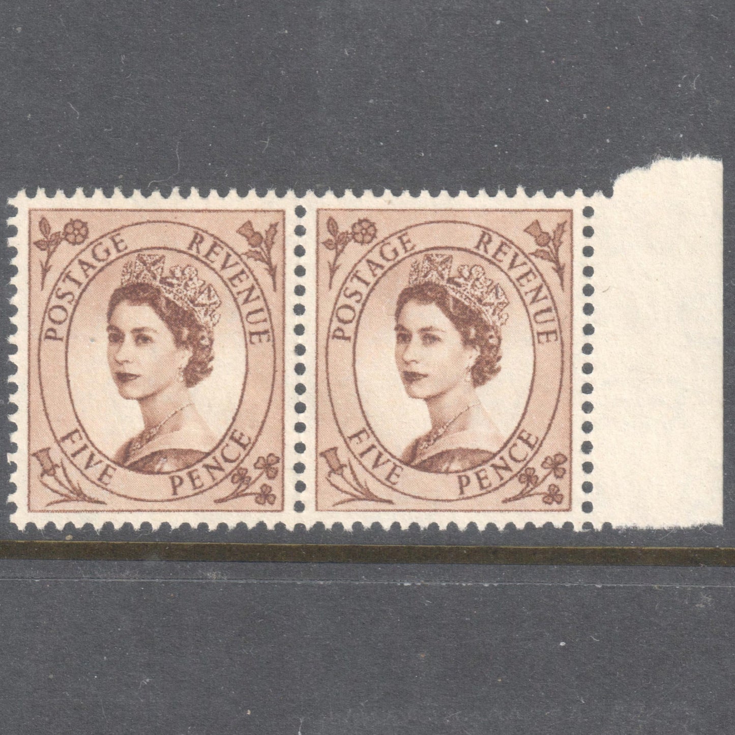 GB UK Great Britain England 1952 - 1954 5 Pence Brown Queen Elizabeth II Stamp (Horizontal Pair) - Perfin:14.75x14.25