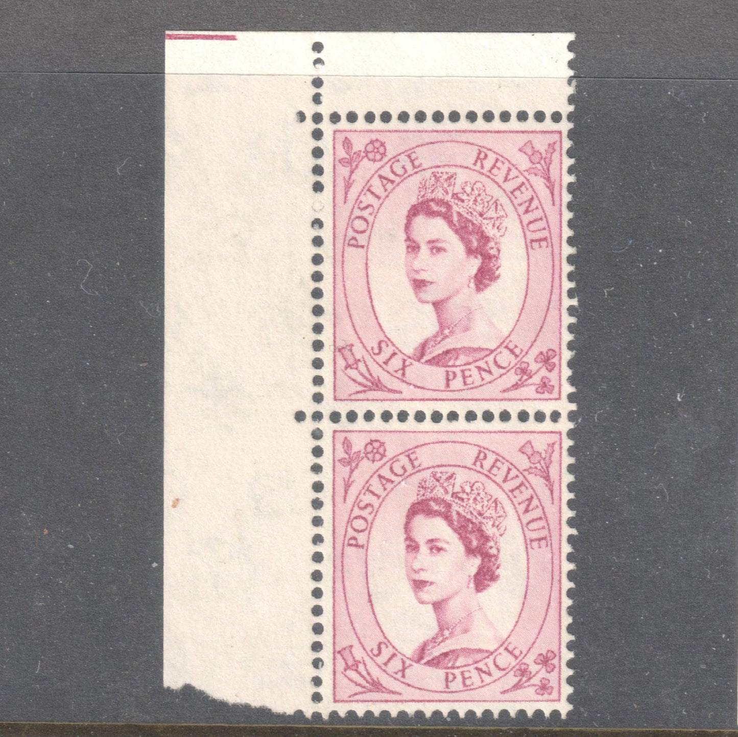 GB UK Great Britain England 1958 - 1967 6 Pence Redish Purple Queen Elizabeth II Stamp (Vertical Pair) - Perfin:14.5x14