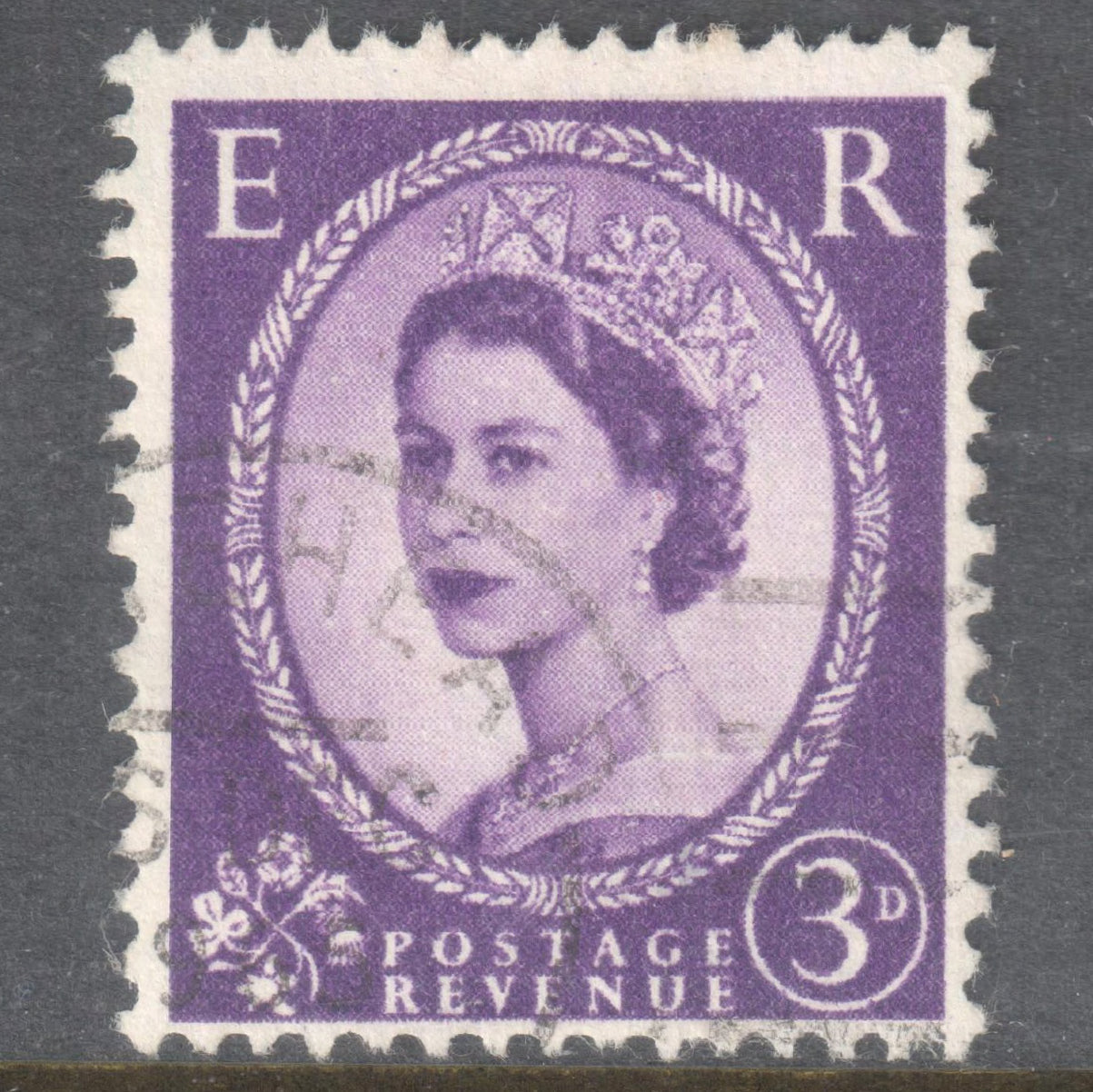 GB UK Great Britain England 1952 - 1954 3 Pence Violet Queen Elizabeth II Stamp - Perfin:14.75x14.25