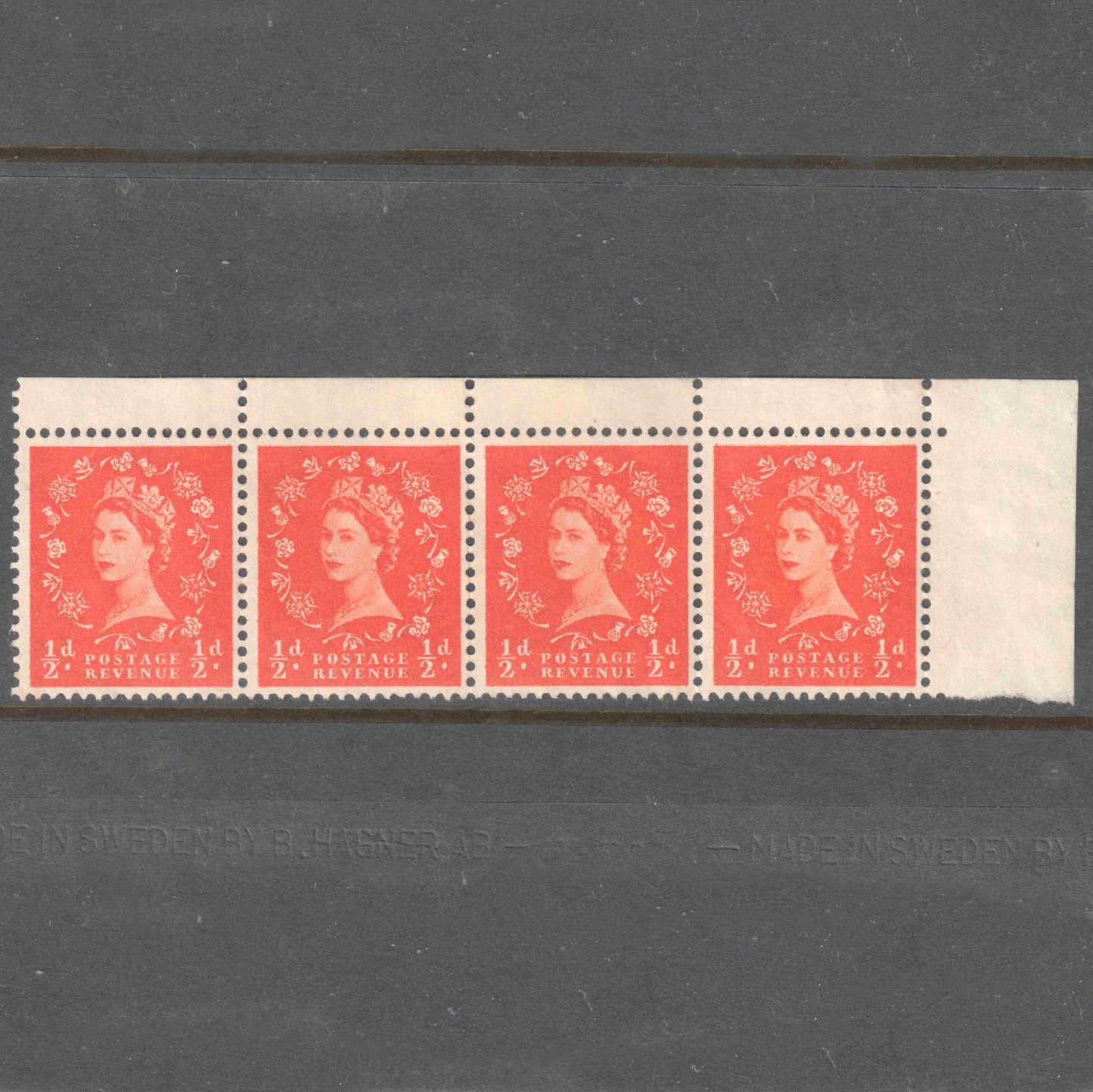 GB UK Great Britain England 1958 - 1967 1/2 Pence Redish Orange Queen Elizabeth II Stamp (Horizontal Strip) - Perfin:14.5x14