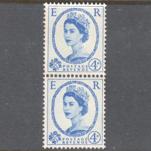 GB UK Great Britain England 1958 -1967 4 Pence Violet Blue Queen Elizabeth II Stamp (Vertical Pair) - Perfin:14.5x14