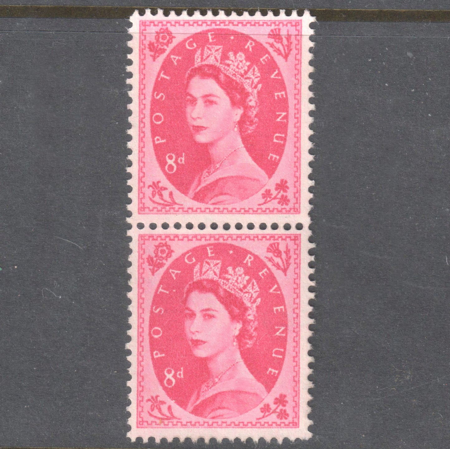 GB UK Great Britain England 1958 - 1967 8 Pence Red Queen Elizabeth II Stamp (Vertical Pair) - Perfin:14.5x14