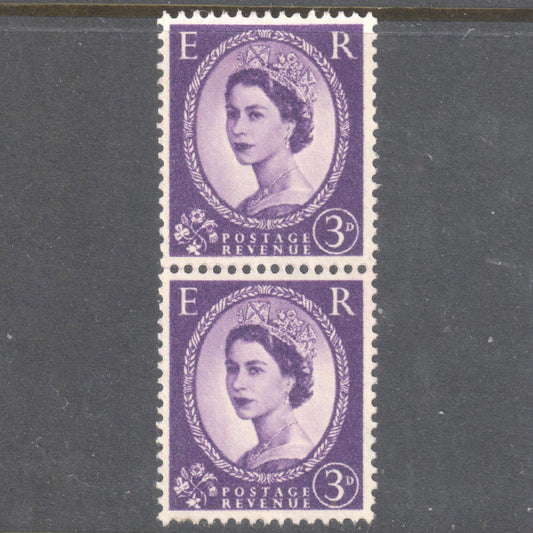 GB UK Great Britain England 1958 - 1967 3 Pence Violet Queen Elizabeth II Stamp (Vertical Pair) - Perfin:14.5x14