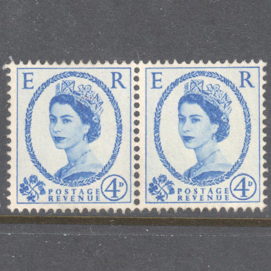 GB UK Great Britain England 1958 -1967 4 Pence Violet Blue Queen Elizabeth II Stamp (Horizontal Pair) - Perfin:14.5x14