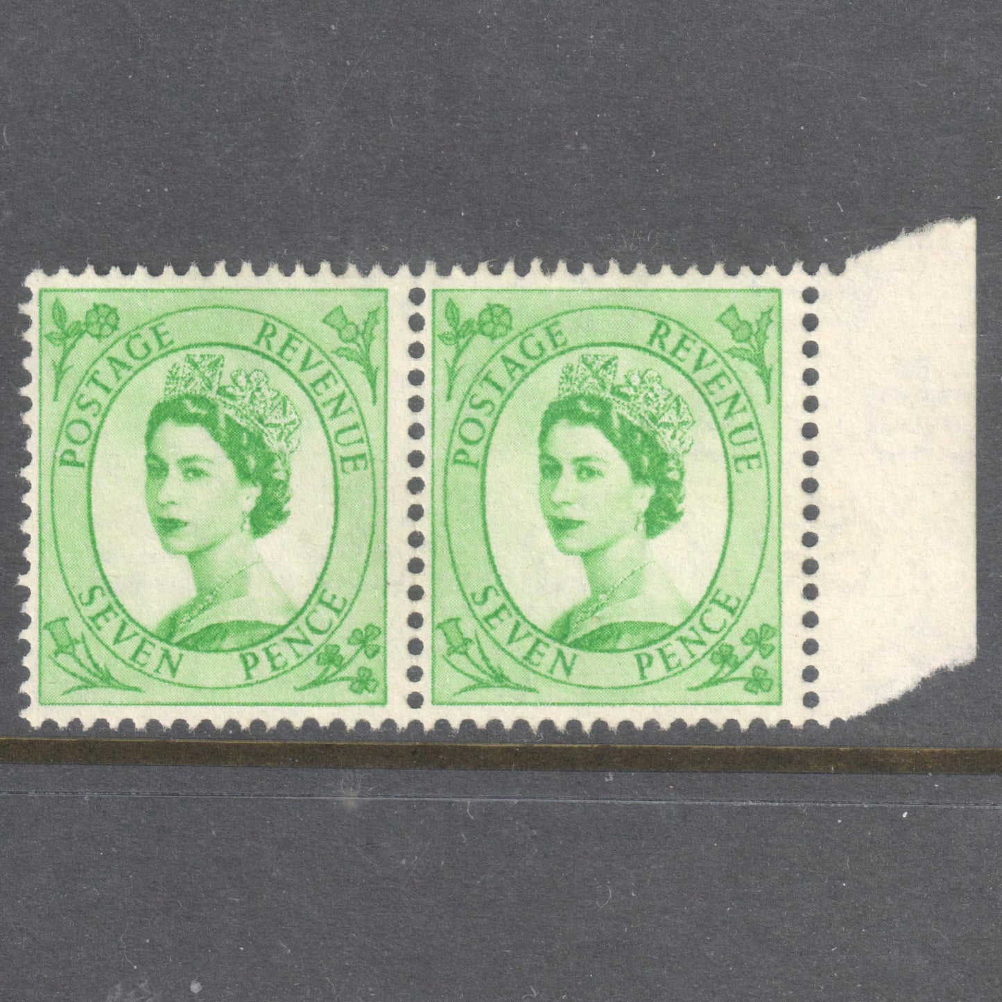 GB UK Great Britain England 1958 - 1967 7 Pence Yellowish Green Queen Elizabeth II Stamp (Horizontal Pair) - Perfin:14.5x14