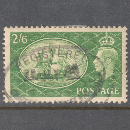 GB UK Great Britain England 1951 2'6 Olive Green KGVI Sailing Ships Stamp - Perfin:15x14