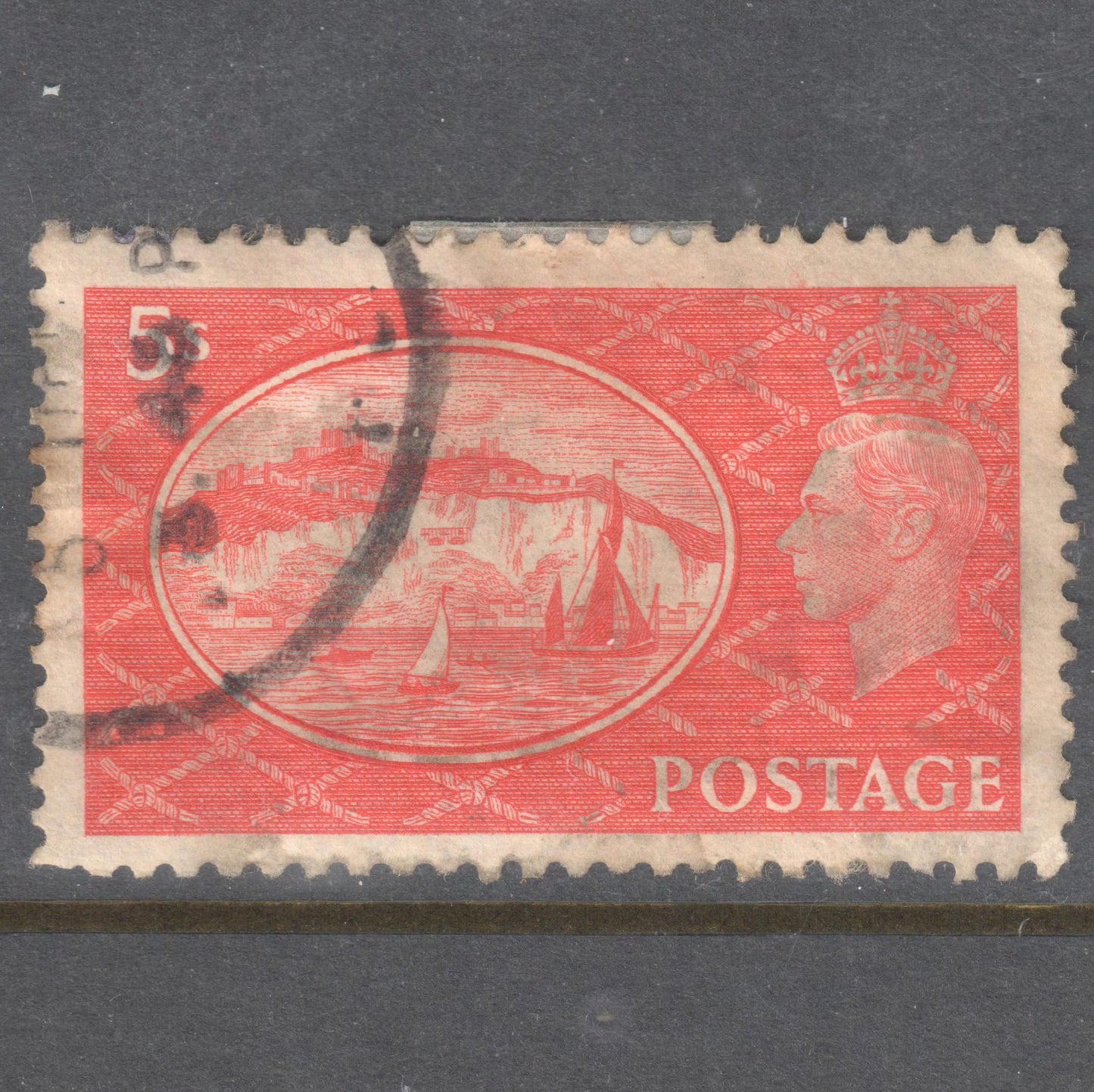 GB UK Great Britain England 1951 5 Shilling Brownish Red KGVI Sailing Ships Stamp - Perfin:11x12