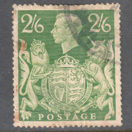 GB UK Great Britain England 1941 - 1948 2'6 Greenish Olive KGVI Stamp - Perfin:14.5x14