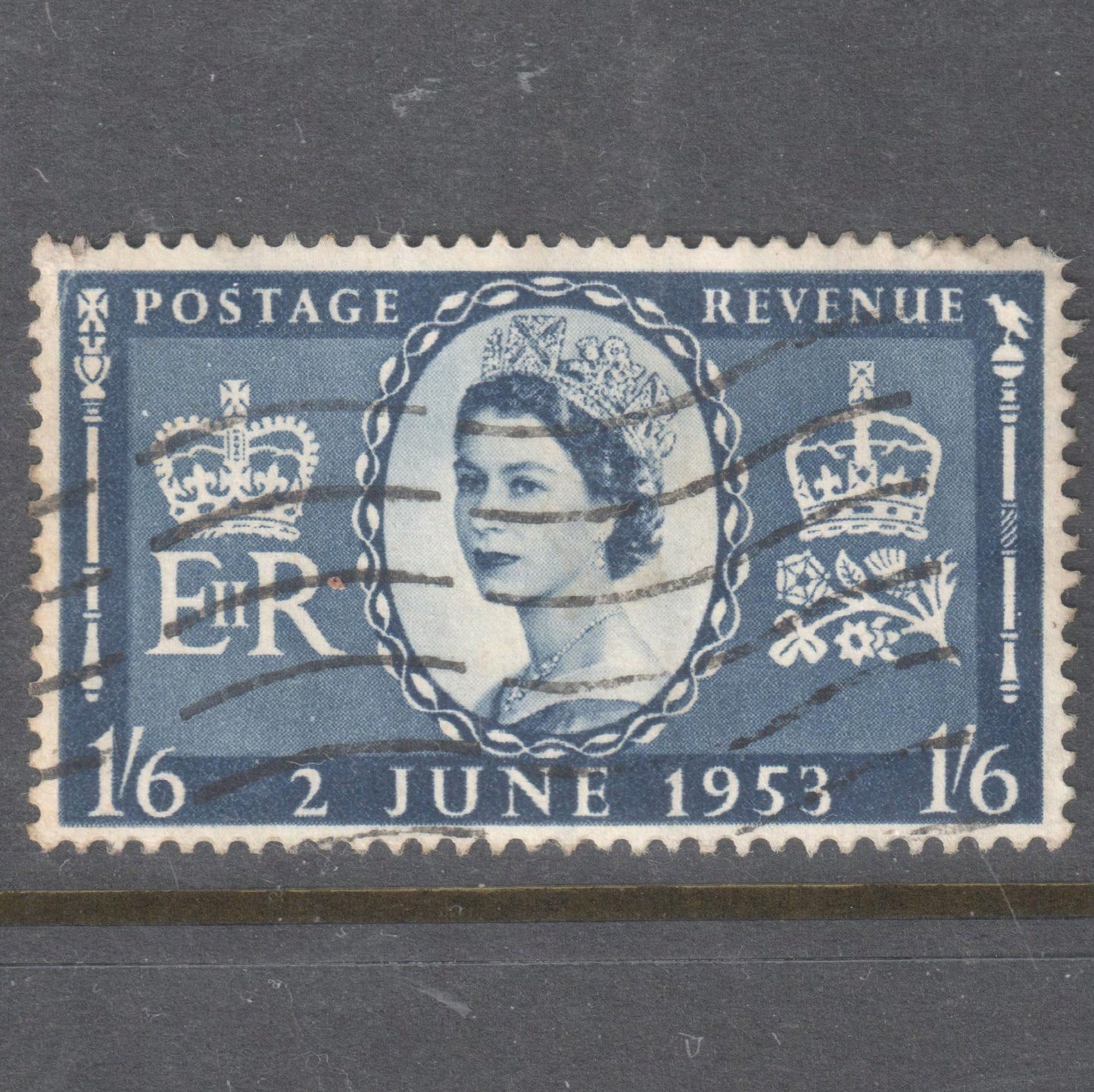 GB UK Great Britain England 1953 1'6 Indigo Crowning of Queen Elizabeth II Stamp - Perfin:14.75x14.25