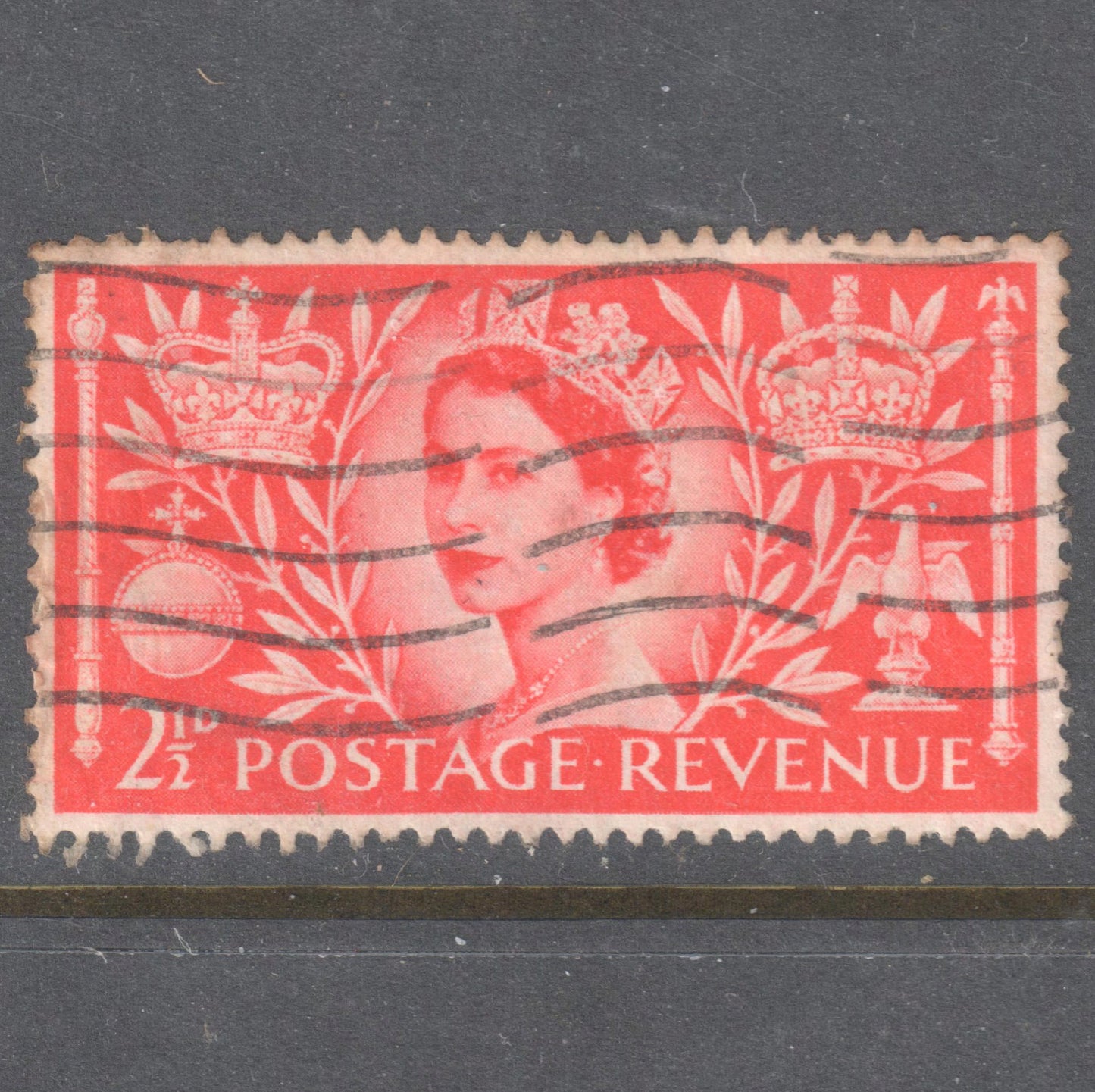 GB UK Great Britain England 1953 2 1/2 Pence Scarlet Crowning of Queen Elizabeth II Stamp - Perfin:14.75x14.25