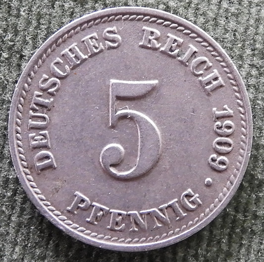 Germany 1909 D Munich 5 Pfennig Coin Kaiser Wilhelm II - Circulated