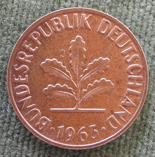 Germany 1963 J 2 Pfennig Coin Oak Seedling