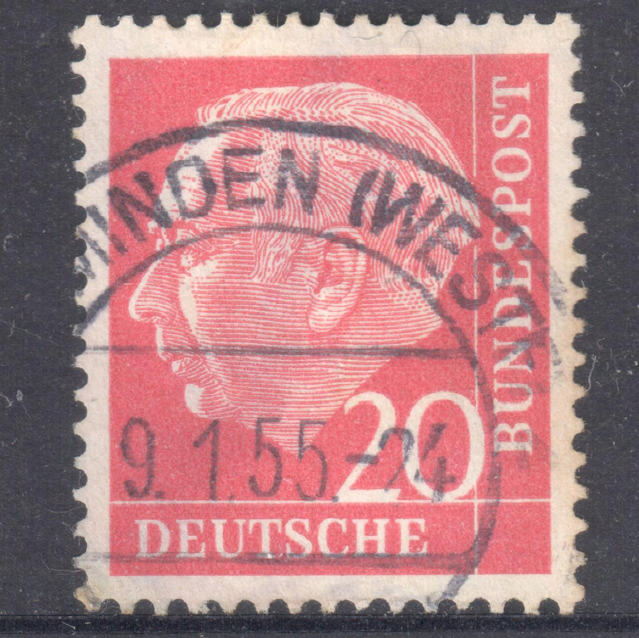 German Bundespost 1954 20 Pfennig Carmine Professor Th. Heuss Stamp - Perfin:14