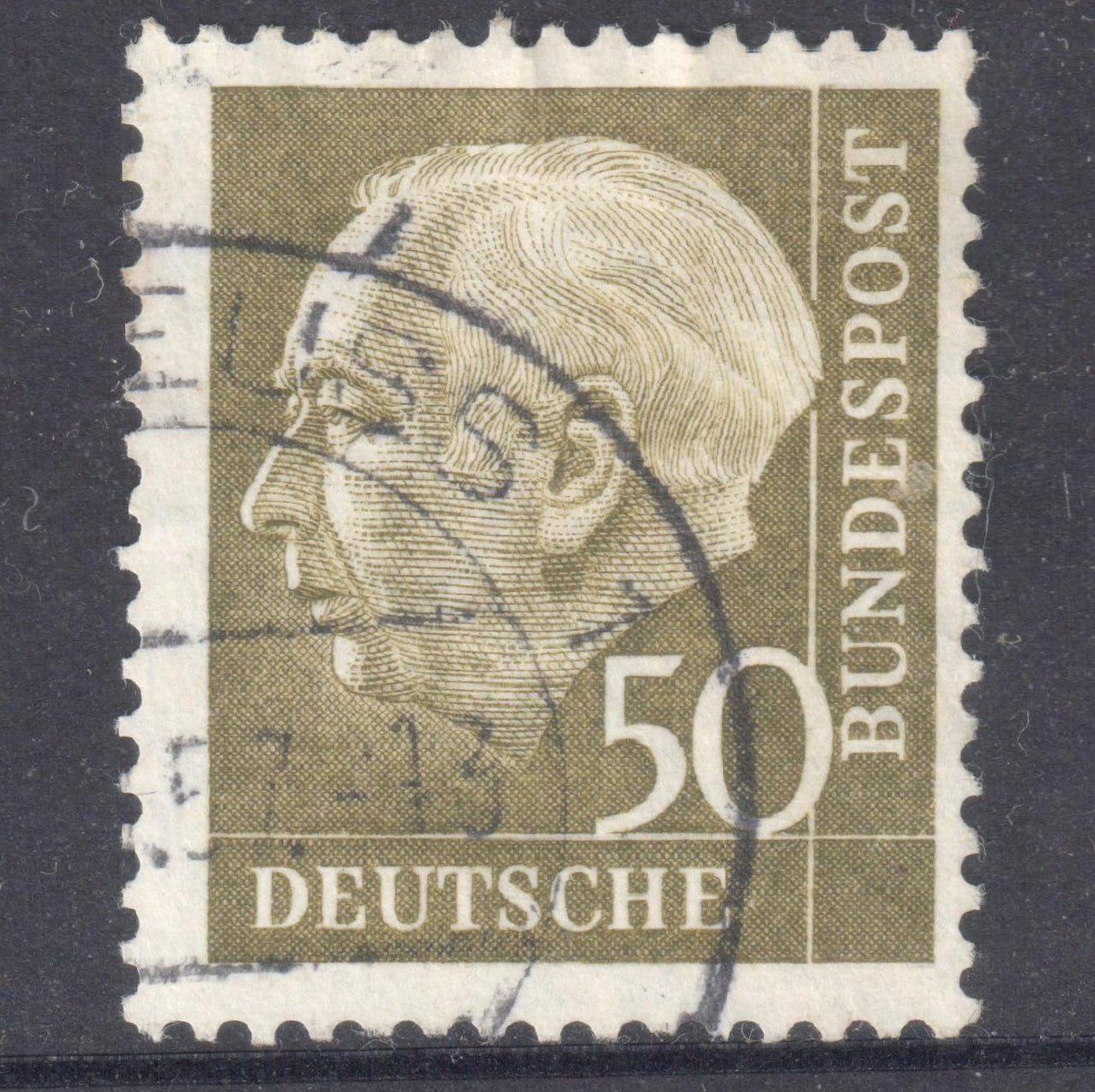 German Bundespost 1957 50 Pfennig Olive Professor Th. Heuss Stamp - Perfin:14