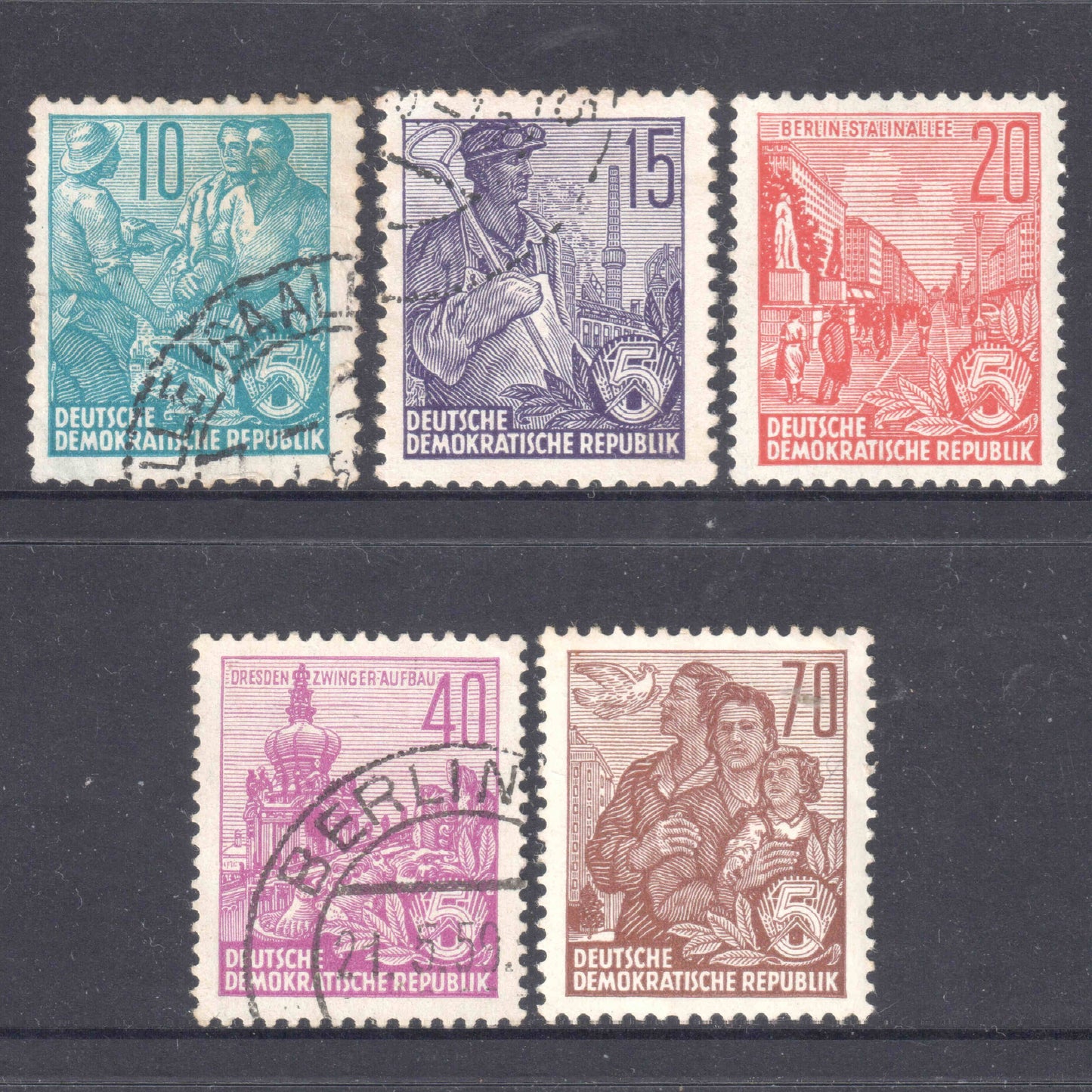 German DDR 1955 5 Year Plan Stamp Group - Perfin:13x12.5