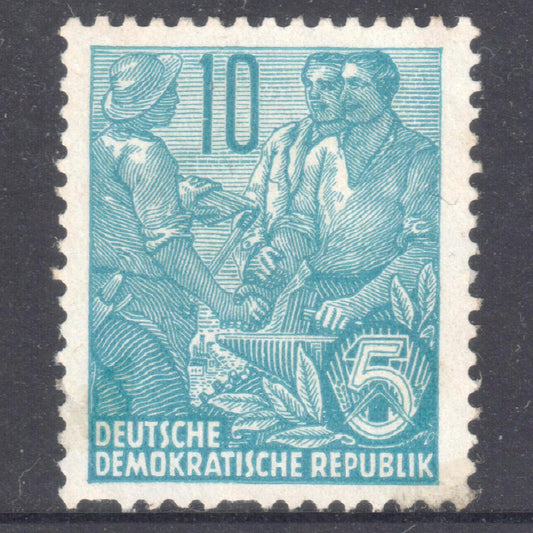 German DDR 1955 10 Pfennig Greenish Blue 5 Year Plan Stamp - Perfin:13.5x14