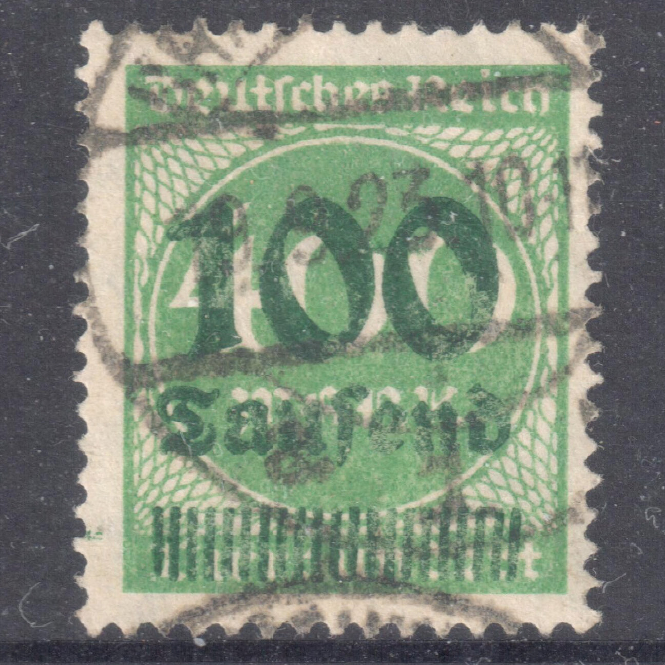 German Empire 1923 400 Mark Green Hyperinflation Stamp Overprinted 100000 - Perfin:14