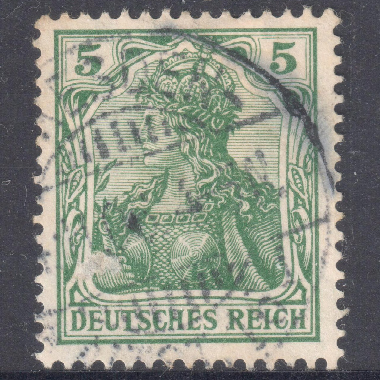 German Empire 1905 - 1911 5 Pfennig Green Germania Stamp - Perfin:14x14.25