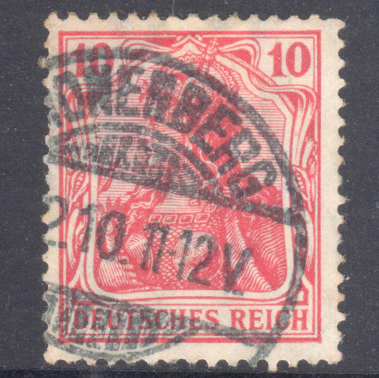 German Empire 1905 - 1911 10 Pfennig Carmine Red Germania Stamp - Perfin:14x14.25