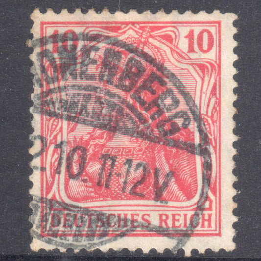 German Empire 1905 - 1911 10 Pfennig Carmine Red Germania Stamp - Perfin:14x14.25