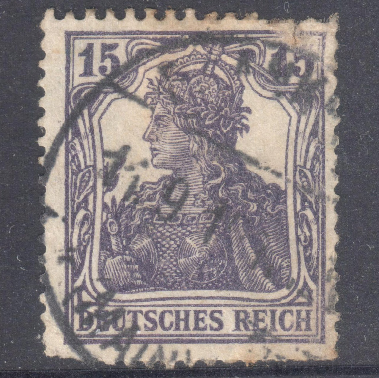 German Empire 1916 - 1918 15 Pfennig Greyish Violet Germania Stamp - Perfin:14x14.25