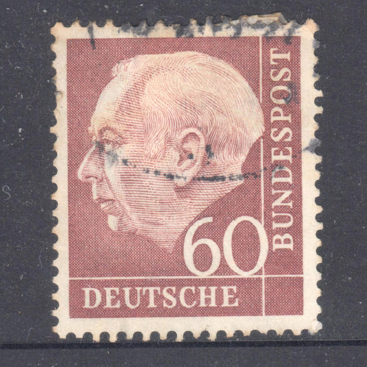 German Bundespost 1957 60 Pfennig Light Brown Professor Th. Heuss New Size and Colors Stamp - Perfin:14