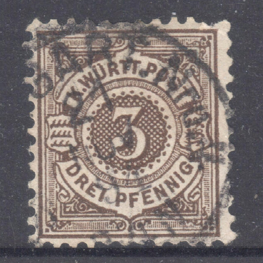 German Wurttemberg 1890 3 Pfennig Brown Value Stamp - Perfin:11.5x11