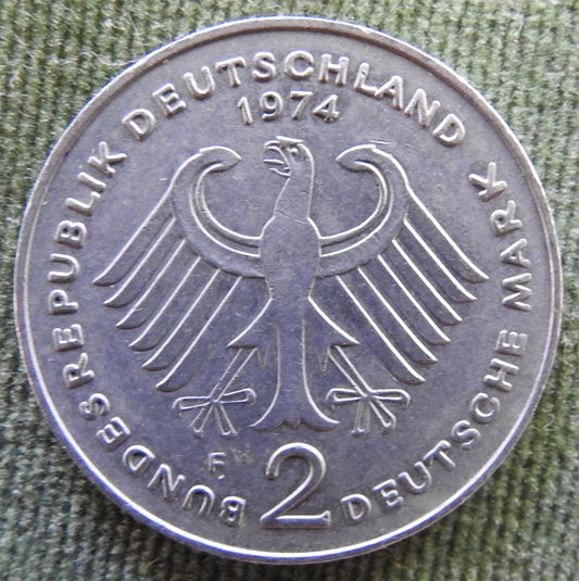 Germany 1974 F 2 Deutsche Mark Konrad Adenauer Coin - Circulated