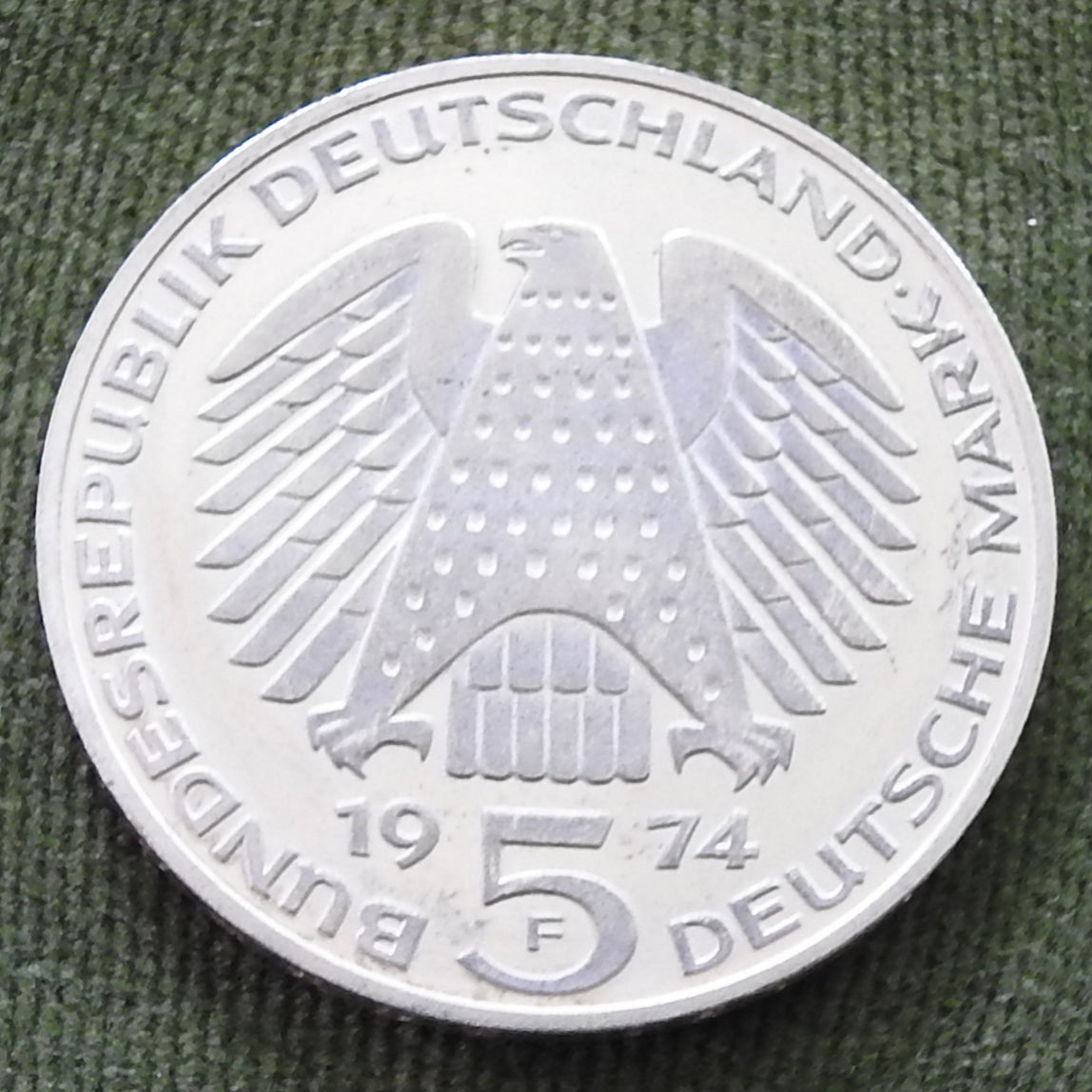Germany 1974 F 5 Deutsche Mark Coin - Constitutional Law 25th Anniversary - Proof