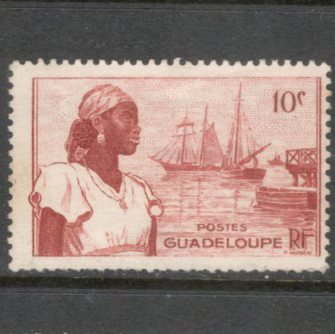 Caribbean Guadeloupe 1947 10 Centimes Brownish Red Local Motives Stamp - Perfin: 13.0