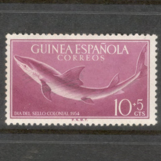 Guinea Spanish 1954 10+5 Centimos Lilac Stamp Day Marine Life Carcharhinus Glaucus Stamp - Perfin: 12.75x13.0
