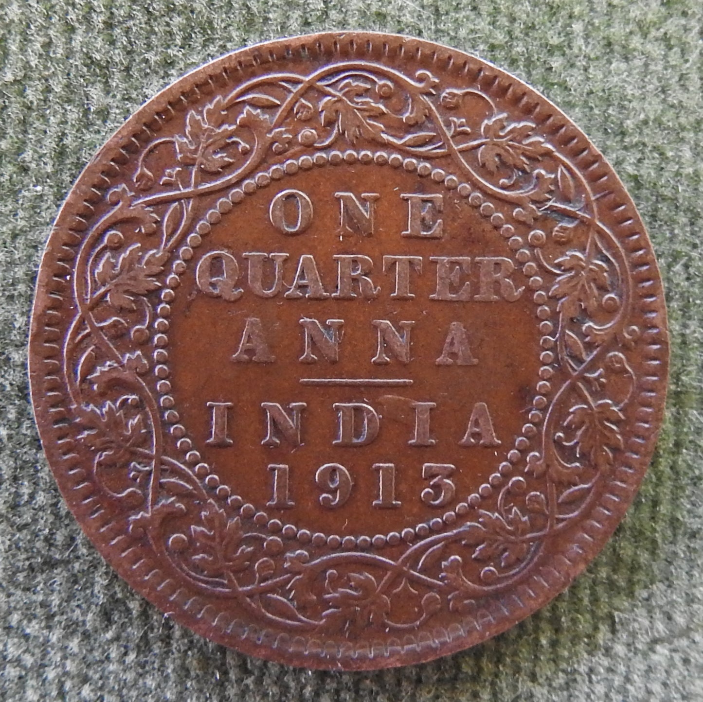 India 1913 1/4 One Quarter Anna King George V Coin