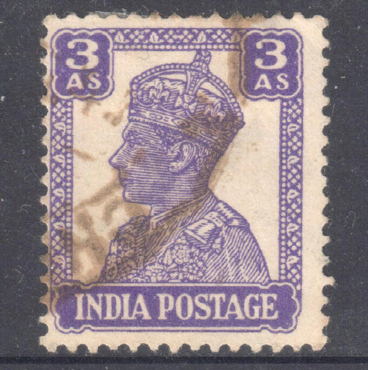 India 1941 -1943 3 Annas Light Violet King George VI Stamp - Perfin:14