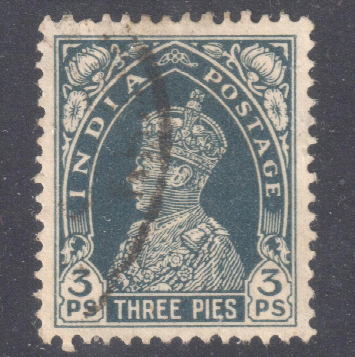 India 1937 3 Pies Blackish Grey King George VI Stamp - Perfin:14