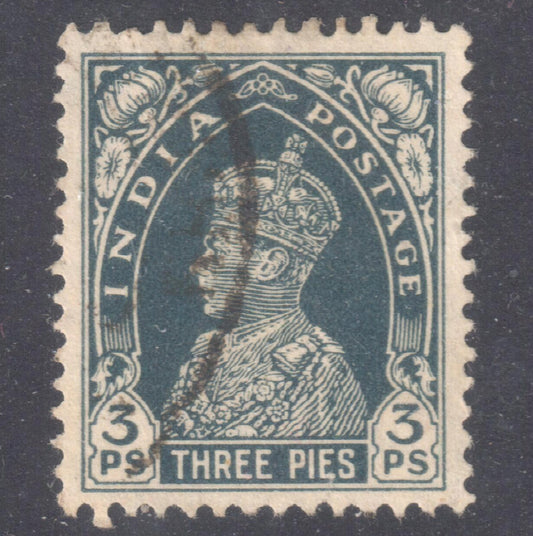 India 1937 3 Pies Blackish Grey King George VI Stamp - Perfin:14