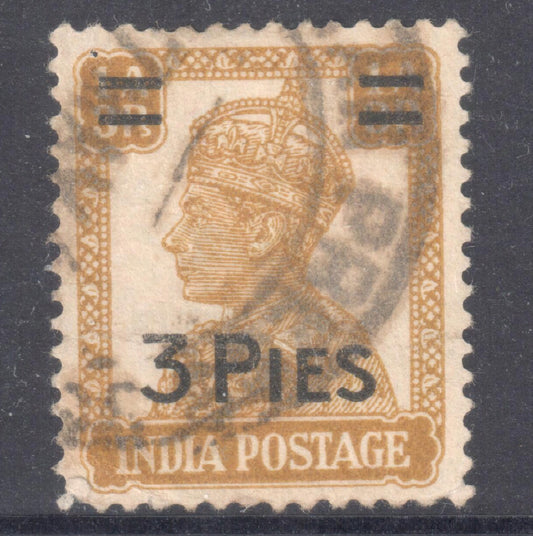 India 1941 -1943 1 Anna 3 Pies Yellowish Brown King George VI Stamp Revalued to 3 Pies - Perfin:14