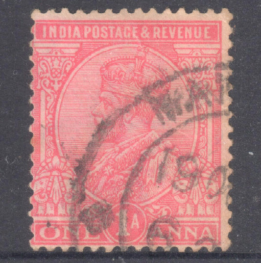 India 1911 -1912 1 Anna Carmine Rose King George V Stamp - Inscription "INDIA POSTAGE & REVENUE" - Perfin:14