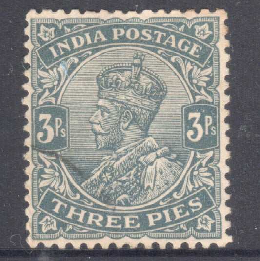 India 1911 -1912 3 Pies Slate-Grey King George V Stamp - Inscription "INDIA POSTAGE" - Perfin:14