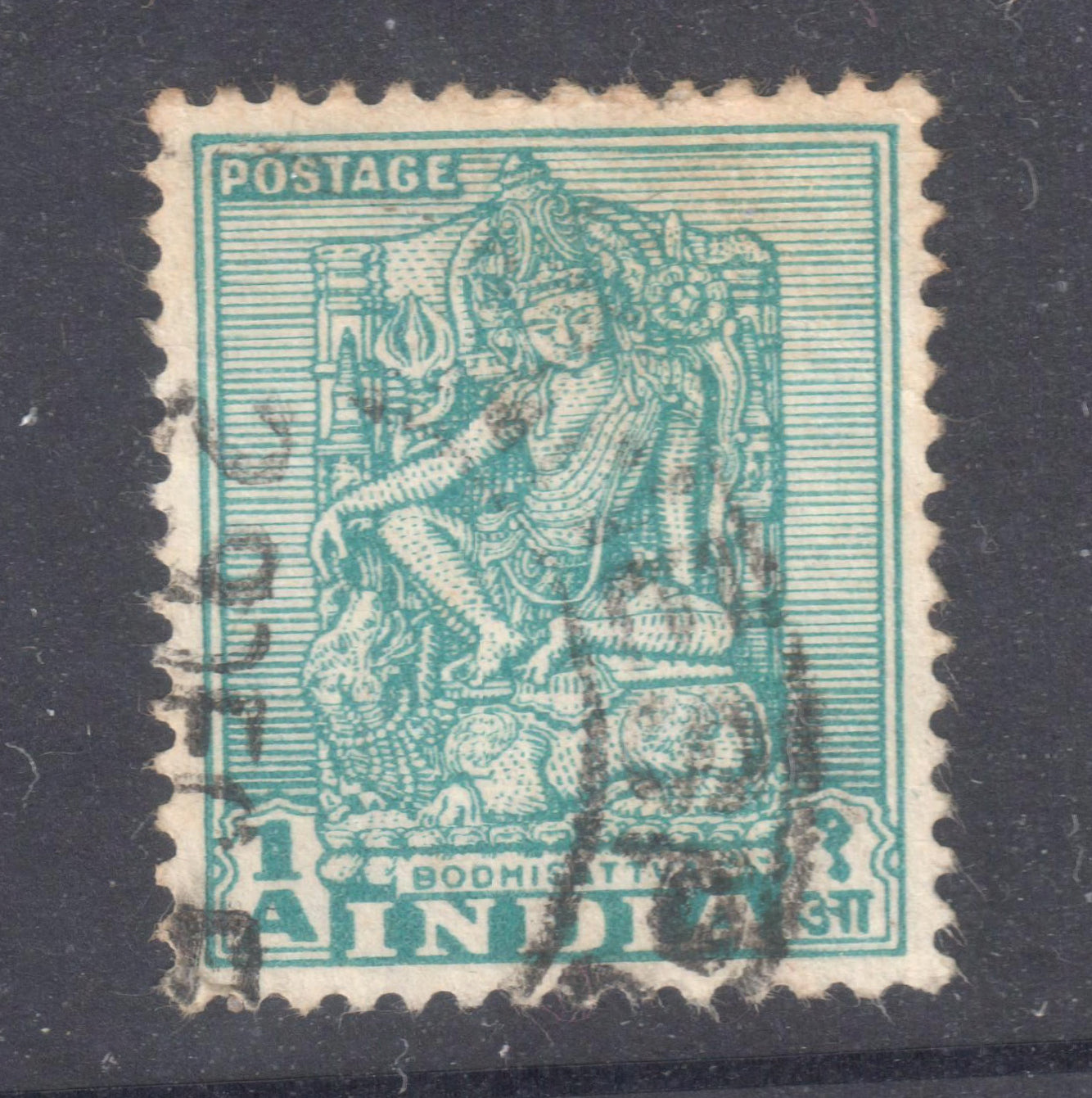 India 1949 1 Anna Bluish Green Bodhisattva Sculptures Stamps - Perfin:14