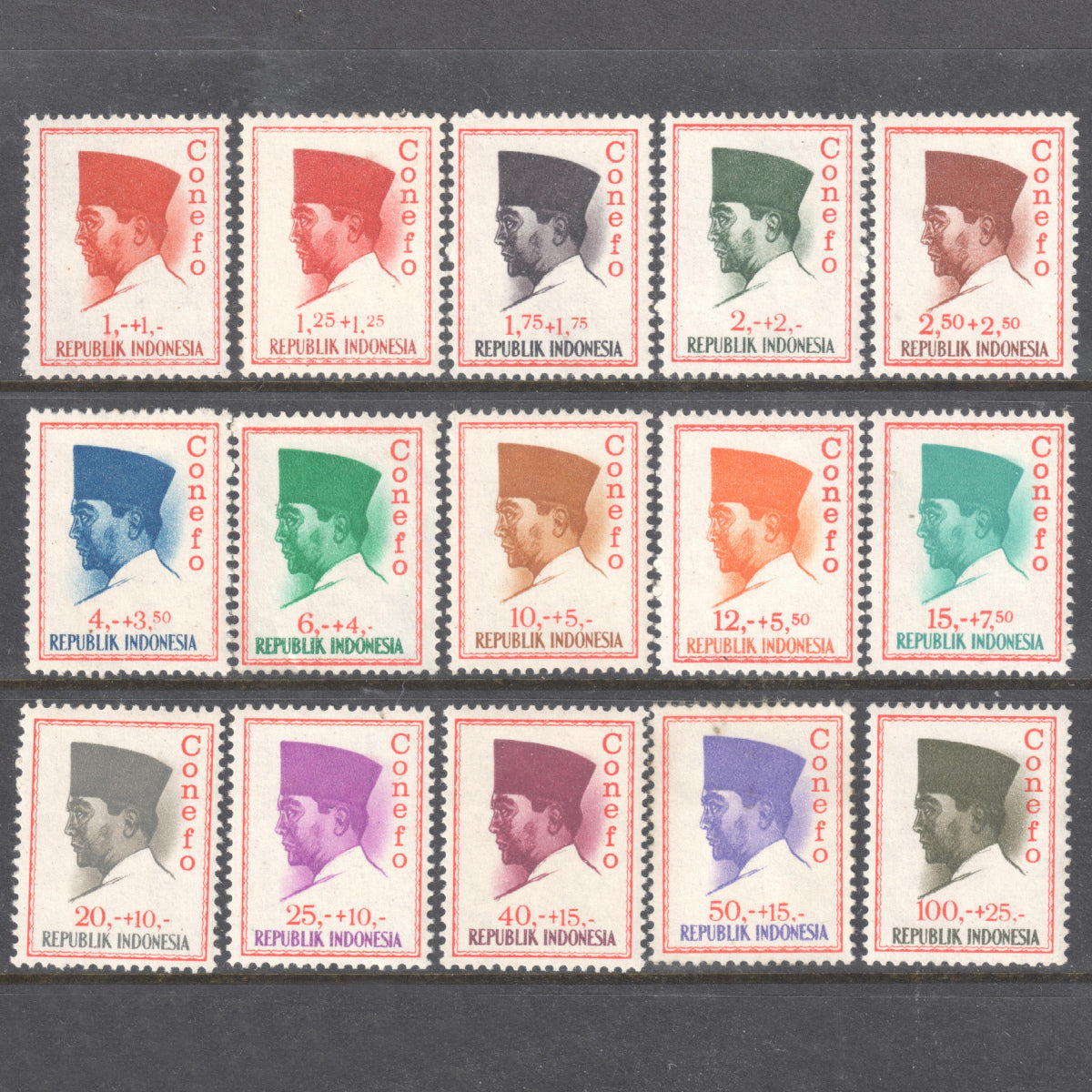 Indonesia 1965 Conference of New Emerging Force Inscribed "Conefo" and Surtaxed Stamp Set of 15 - Perf:12.5x12