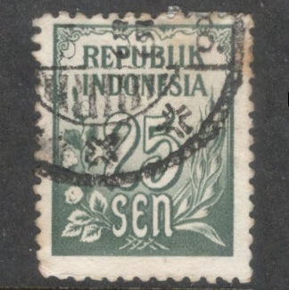 Indonesia 1951 25 Sen Olive Green Numeral Stamp - Perfin: 12.5