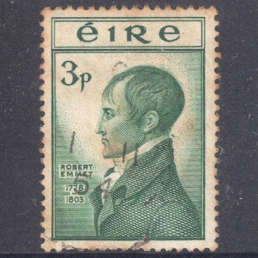 Ireland Eire 1953 3 Pence Dark Green Robert Emmet Stamp - Perfin:12.5x13