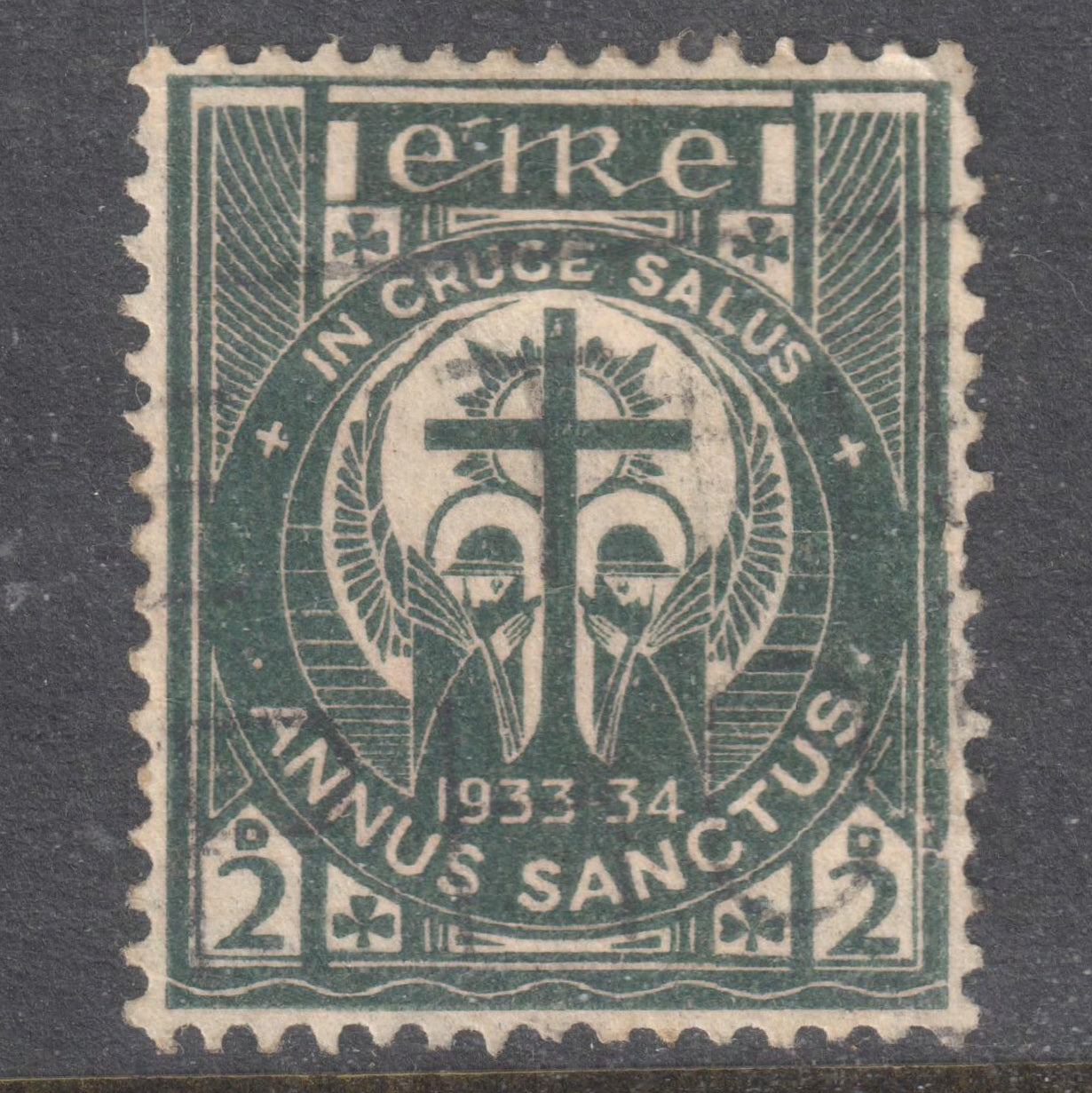 Ireland Eire 1933 2 Pingin Dark Green The Holy Year Stamp - Perfin:15x14